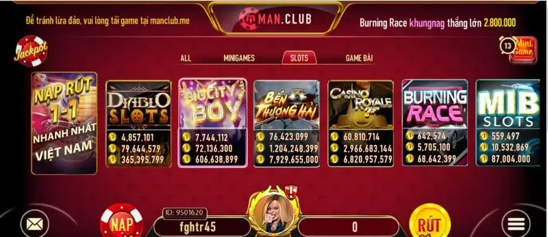 Hệ thống Game slots nổ hũ với giá trị cao tại Manclub